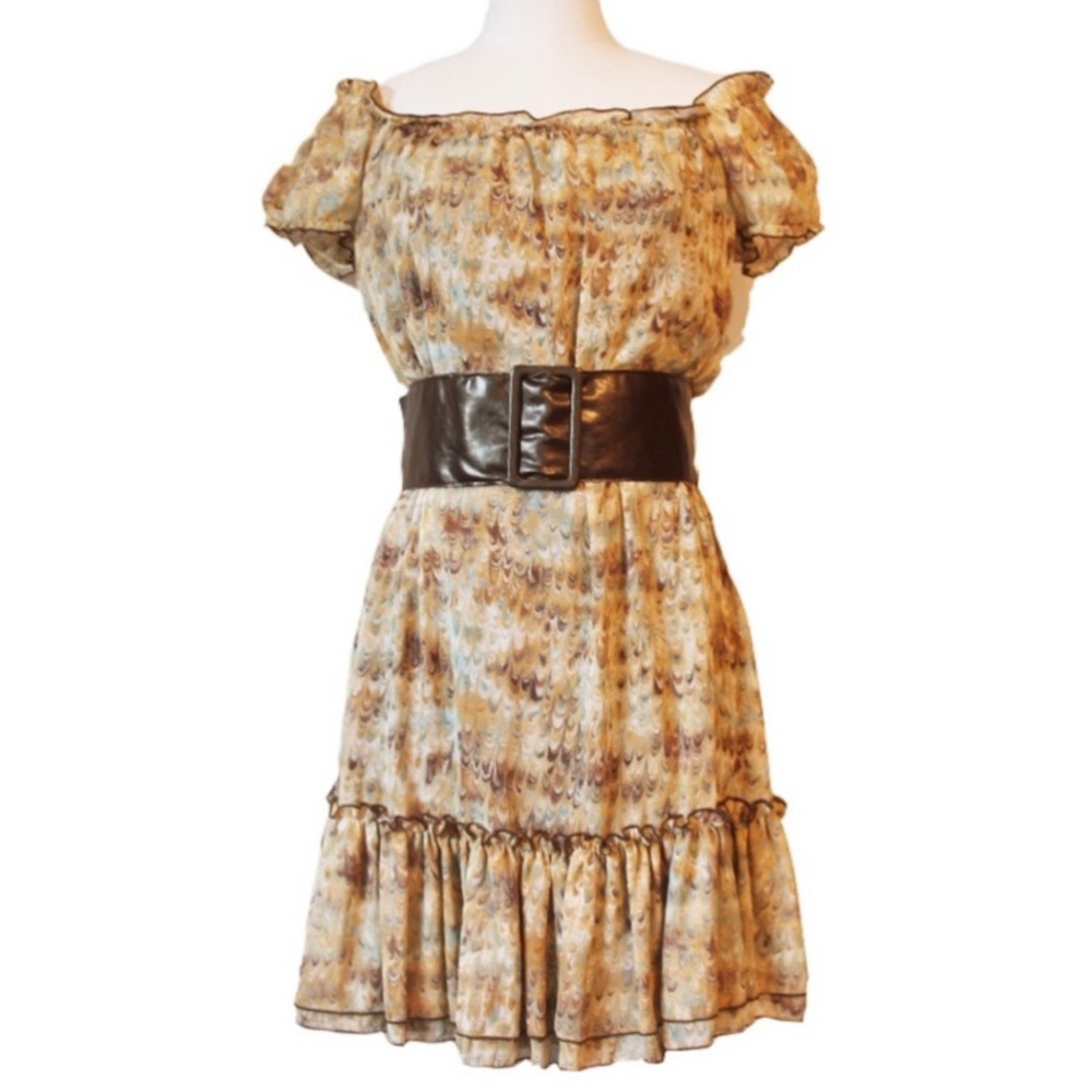Charlotte Russe SZ M Ruffle Chiffon Off-the-Shoulder Belted Abstract Print Dress